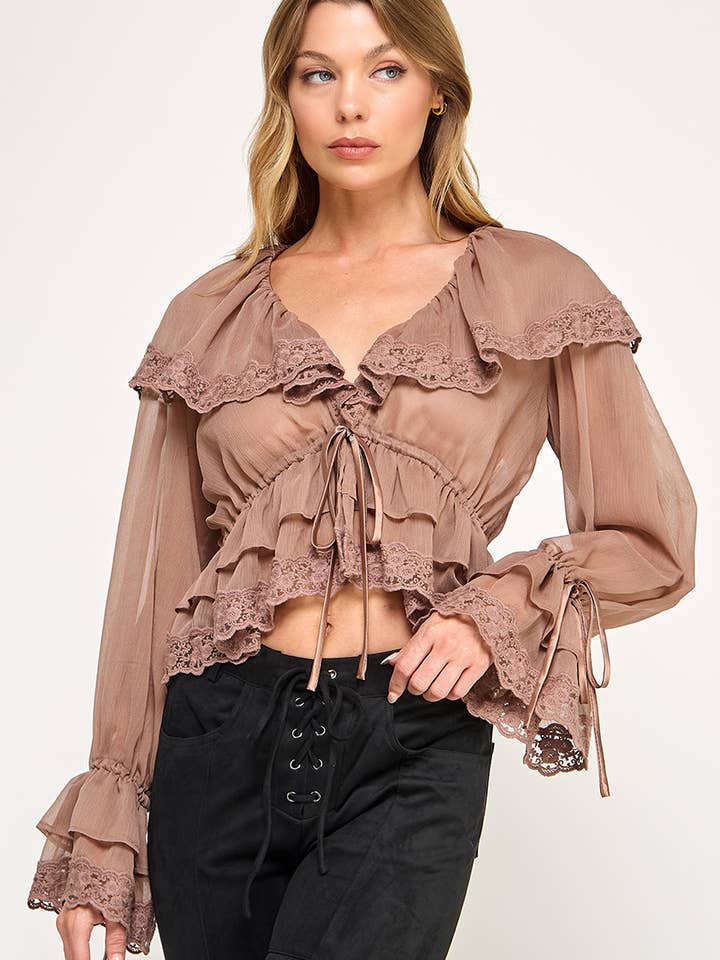 Ruffled & Lace-Trimmed Sheer Blouse for wholesale by The vintage shop