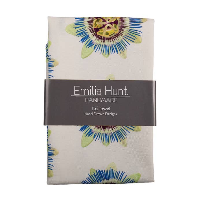 White Passion Flower Tea Towel for wholesale by Emilia Hunt