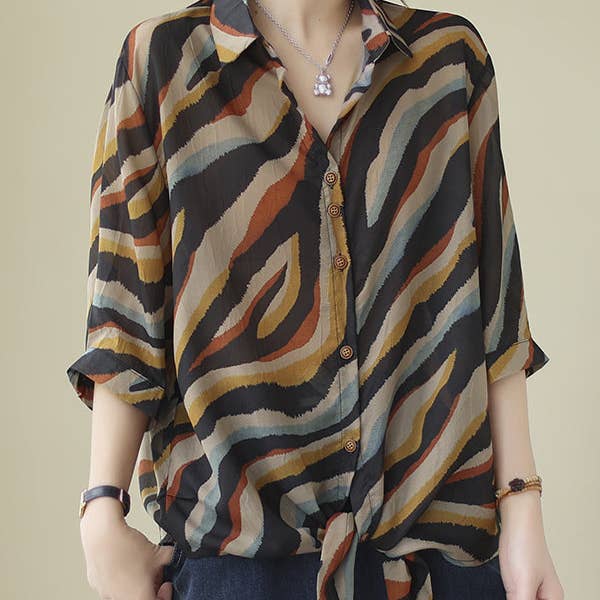 Camicette e camicie a maniche lunghe con revers larghi a righe zebrate con bottoni per la vendita all'ingrosso da parte di UZ Wholesale Store