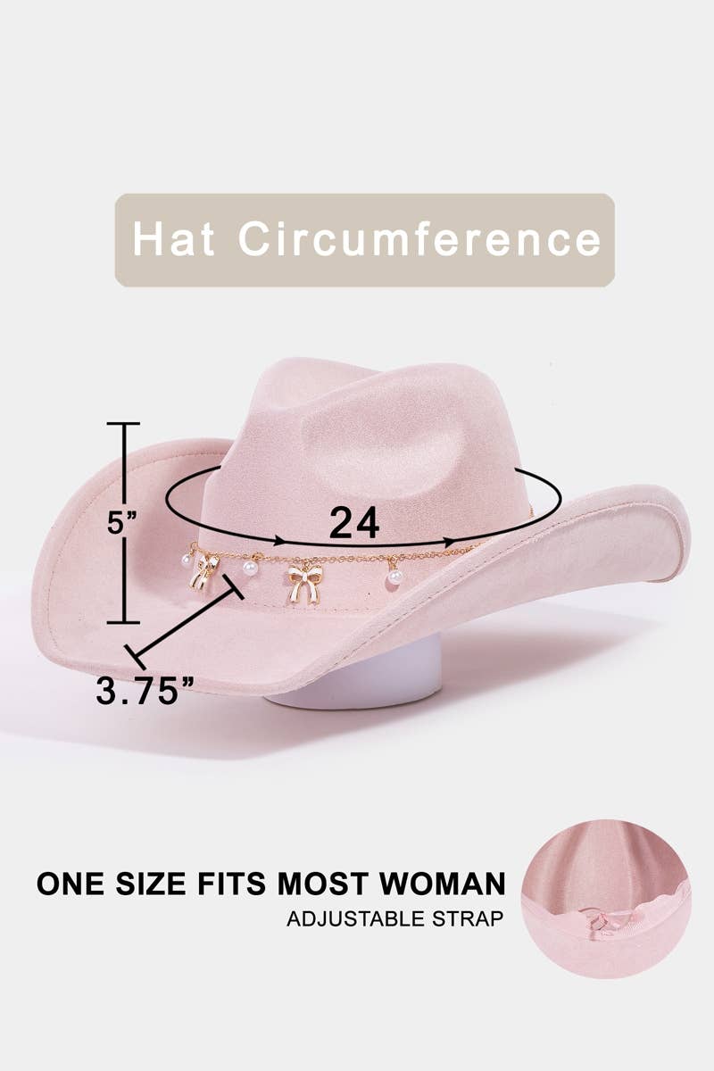 Collections by Fame Accessories - Wholesale Fedora - Women's - Ribbon Bow Pearl Chain Western Cowboy Hat4