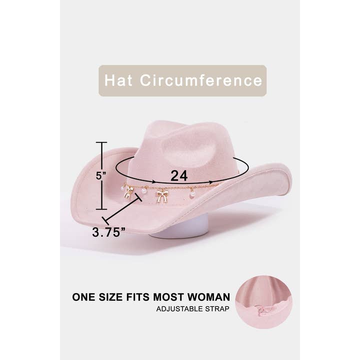 Collections by Fame Accessories - Wholesale Fedora - Women's - Ribbon Bow Pearl Chain Western Cowboy Hat4