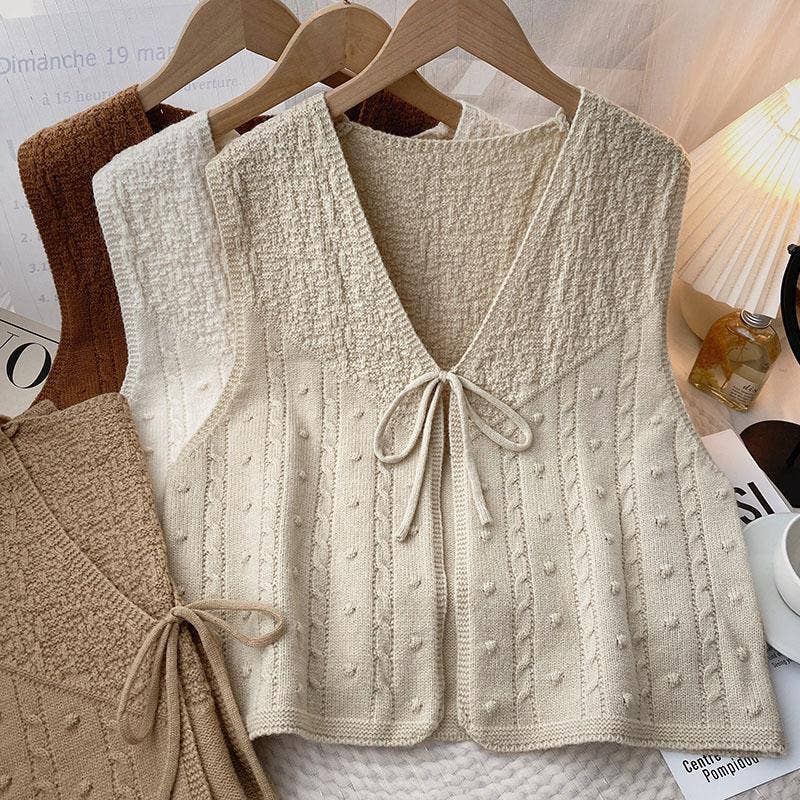 Rosa Clothing - Wholesale Knit Top - Women's - V-neck Ribbon Bow tie front lace up knit Cardigan gilets9