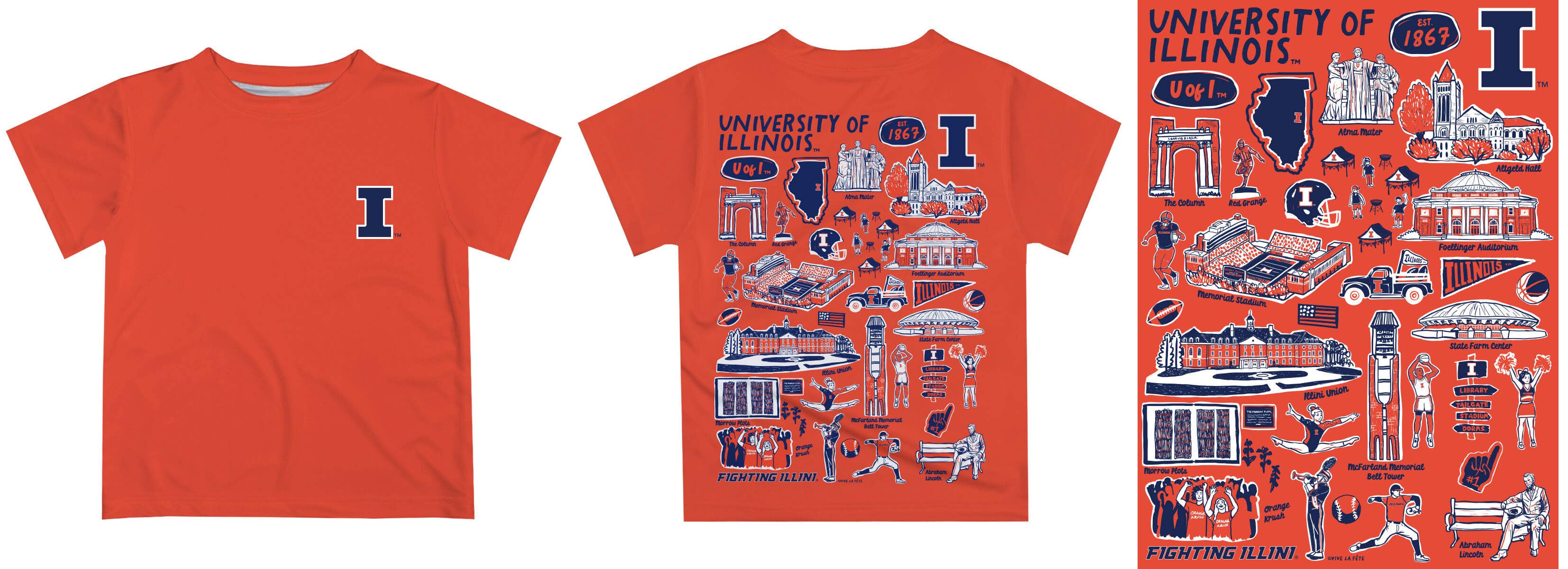 Vive La Fete - Wholesale Screen Printed T-Shirt - Kids - Illinois Fighting Illini Hand Sketched Impressions T-Shirt4