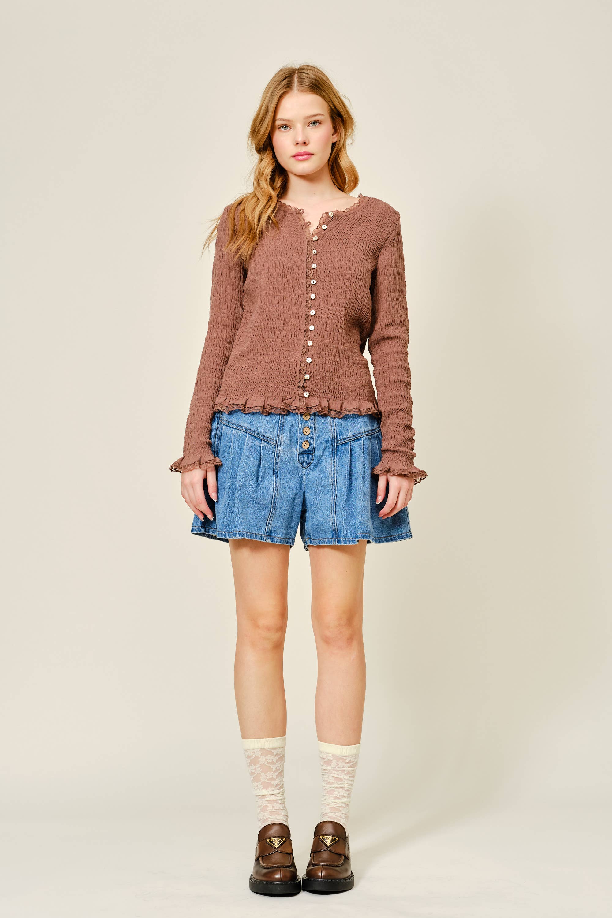 Aaron & Amber - Wholesale Knit Top - Women's - AJT5485 FULL SMOCKED BUTTON DOWN TOP WITH LACE EDGE9