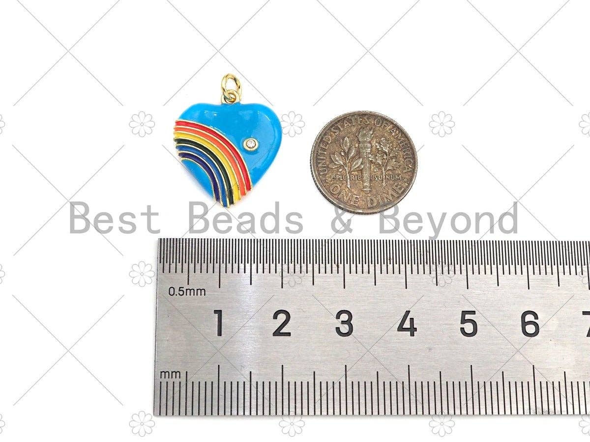 BestBeads&Beyond - Wholesale Individual Charm/Pendant - Rainbow Enamel Heart Pendant, Vintage Rainbow Heart Charms, Enamel with CZ Heart Charm, 21x18mm,sku#F13594