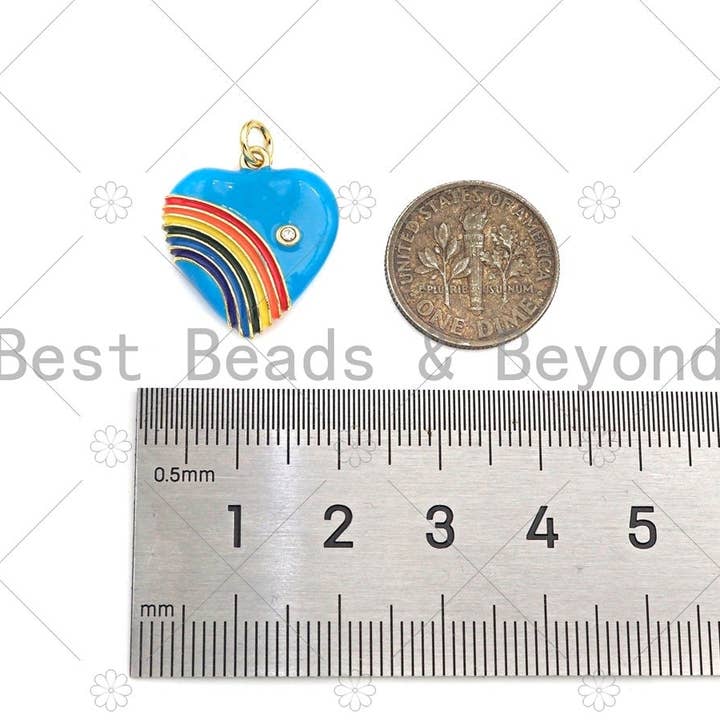 BestBeads&Beyond - Wholesale Individual Charm/Pendant - Rainbow Enamel Heart Pendant, Vintage Rainbow Heart Charms, Enamel with CZ Heart Charm, 21x18mm,sku#F13594