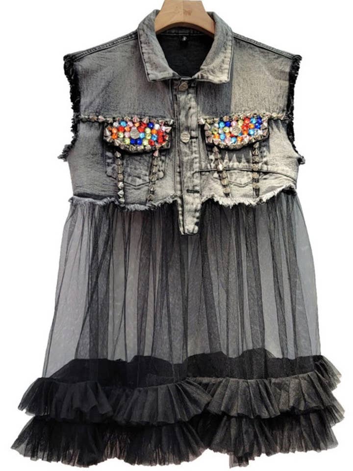 Weste aus Denim-Tüll mit Pailletten für den Großhandel von Luxe & Leather by Madonna & Co