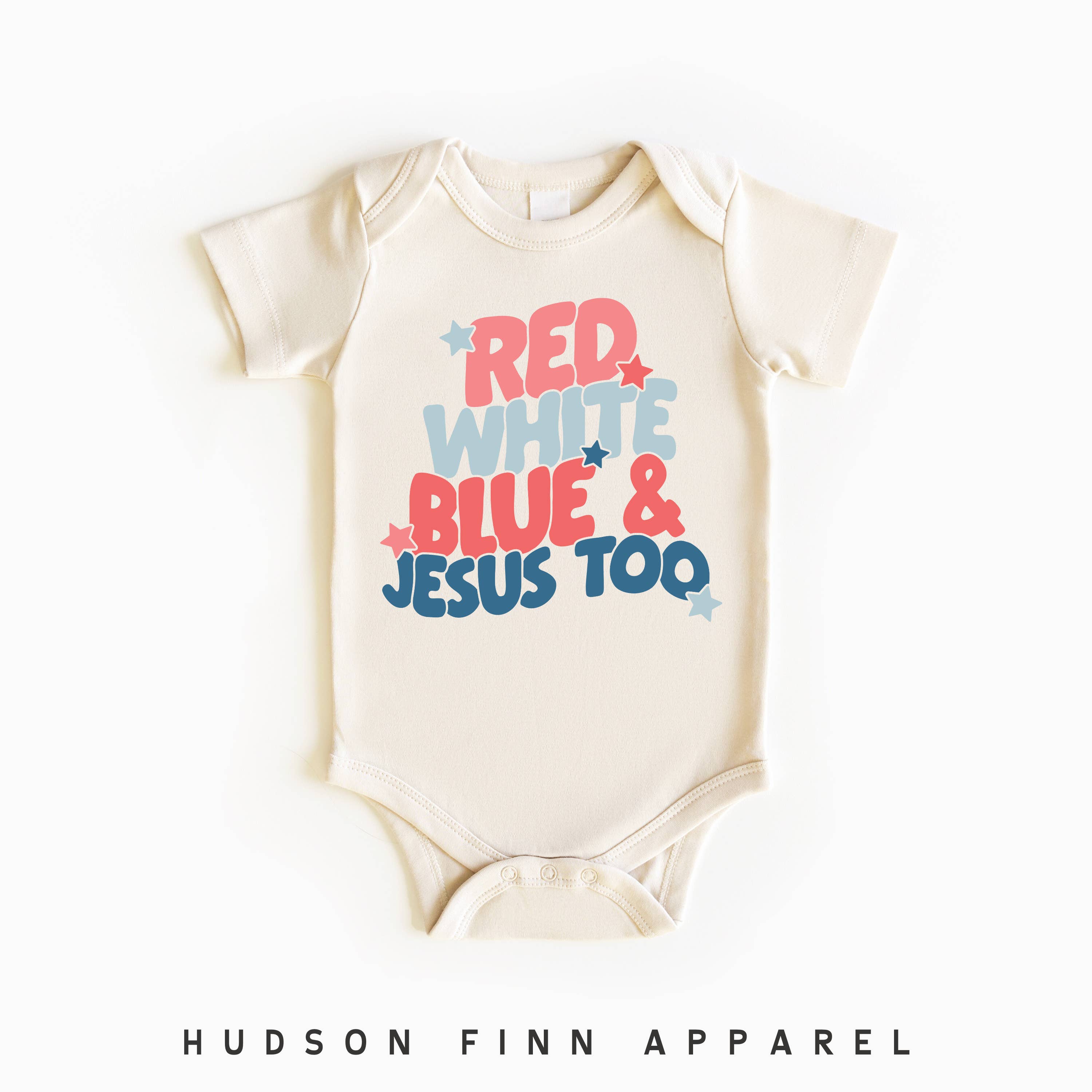 Hudson Finn Apparel - Wholesale Bodysuit (Non-Footed) - Baby - Red White Blue & Jesus Too Baby Onesie Religious 4th of July