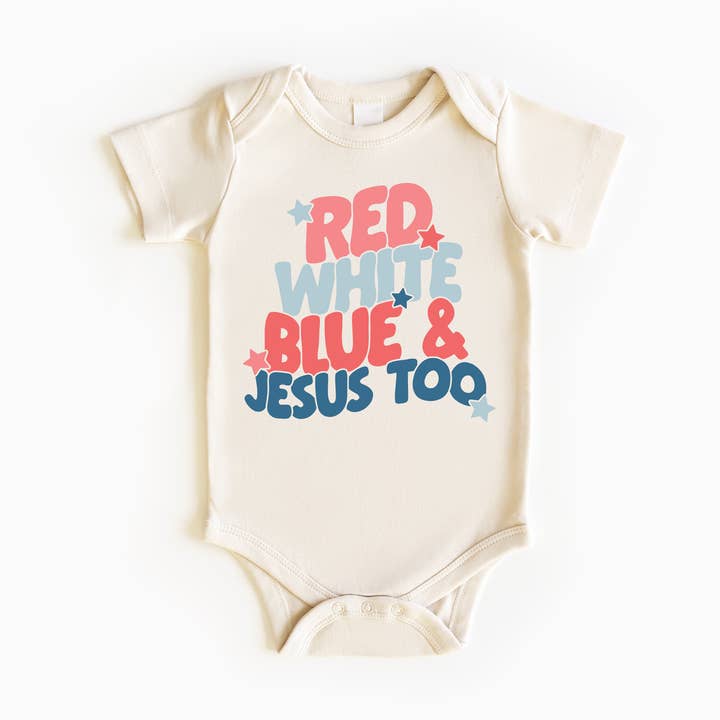 Hudson Finn Apparel - Wholesale Bodysuit (Non-Footed) - Baby - Red White Blue & Jesus Too Baby Onesie Religious 4th of July0