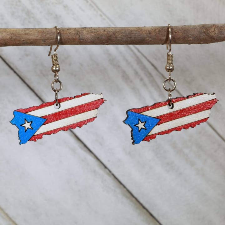 Puerto Rico Island Wooden Dangle Earrings for wholesale by Cates Concepts