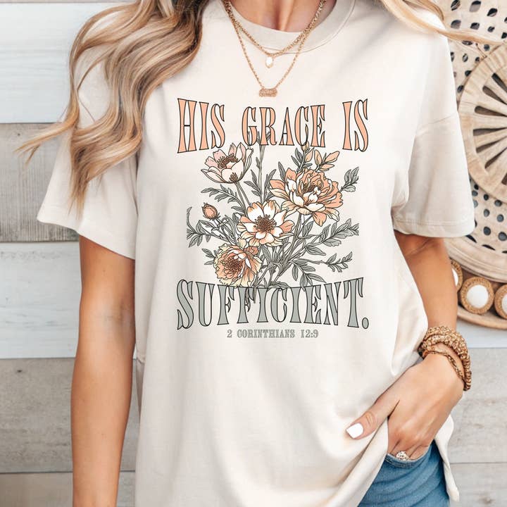 His Grace is Sufficent Floral Christian Graphic Tee for wholesale by Cross & Crown Designs LLC