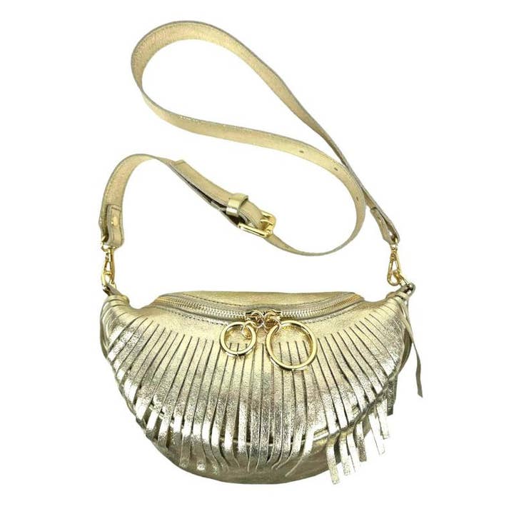 Chenson & Gorett - Vente Sac ceinture – femme - Sac banane en cuir italien brillant pour femme avec franges9
