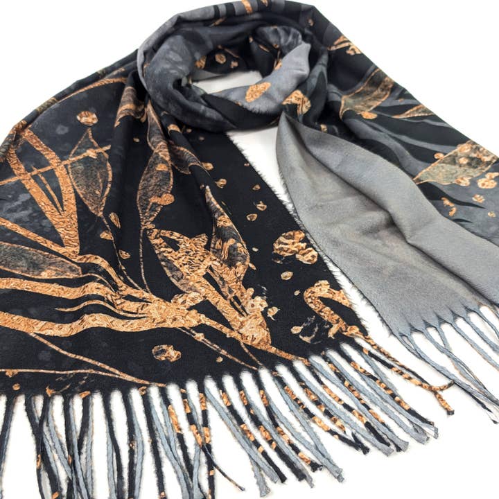 Kursi - Golden Leaf Pashmina Style Scarf (70x180cm) - Black for wholesale by Black Ginger