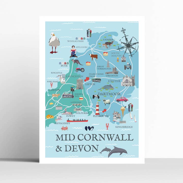 Carte illustrée du milieu de Devon Cornwall (Copie) pour la vente par BETTY BOYNS MAPS