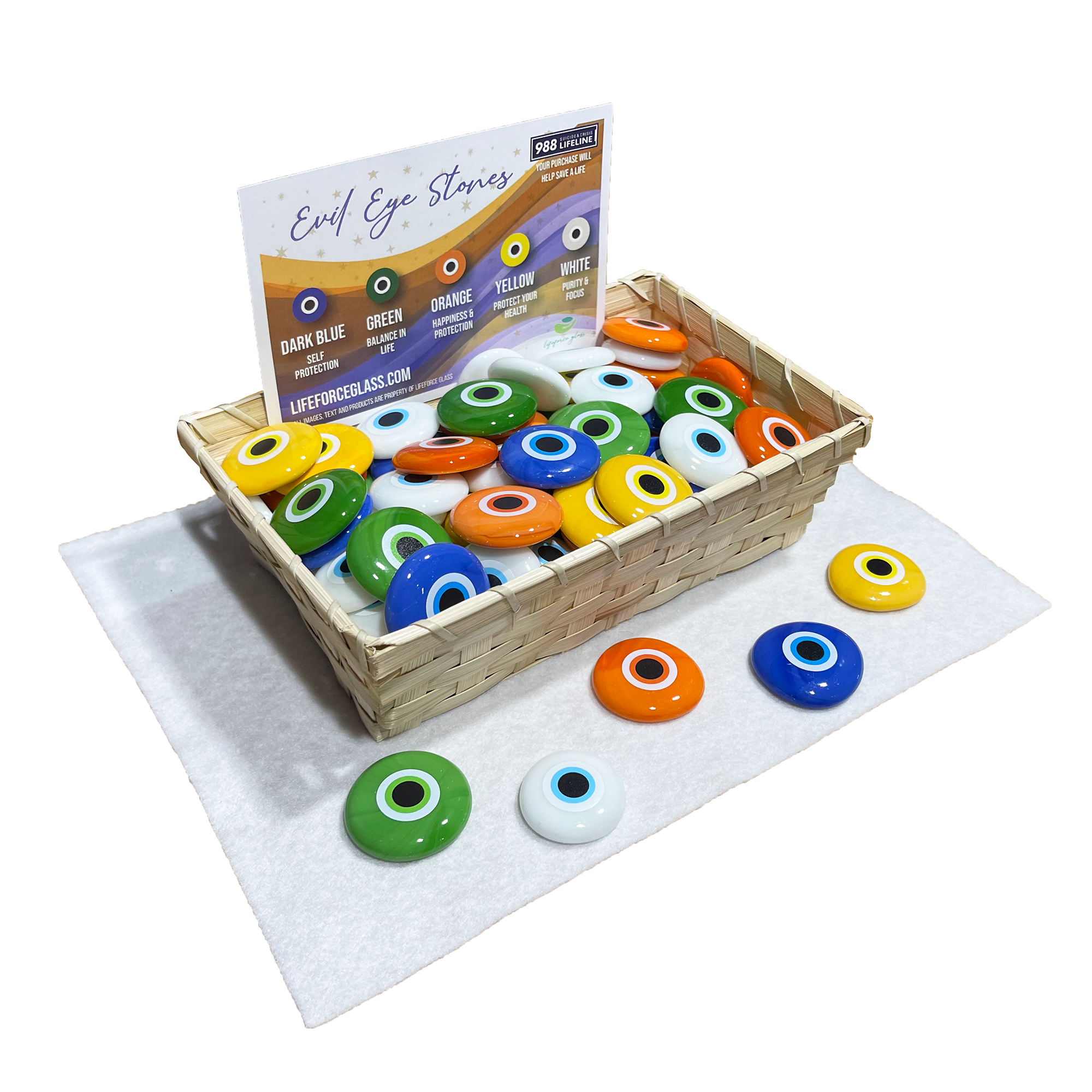 Lifeforce Glass, Inc. - Wholesale Spiritual Stone/Crystal - Printed Evil Eye Protection Palm Stone Assortment & Basket1