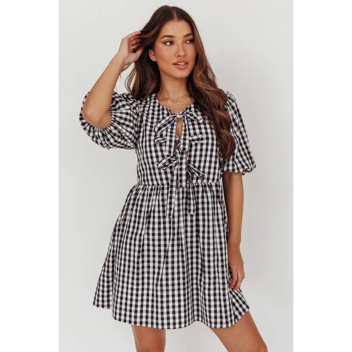 GINGHAM FRONT TIE MINI DRESS / SR1376D06 for wholesale by One and Only Collective