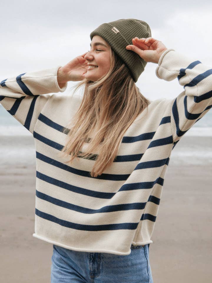 Navy Ecru Stripe Offshore Oversized Striped Knitted Jumper for wholesale on Faire