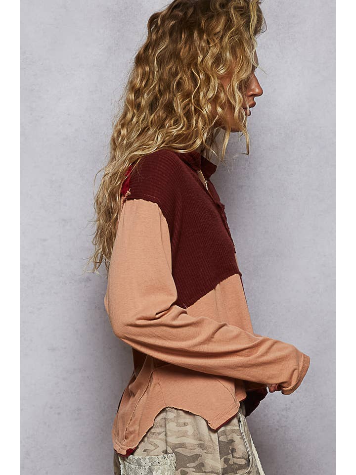 Pol Clothing - Wholesale Knit Top - Women's - Notched neck contrast fabric long sleeve top4