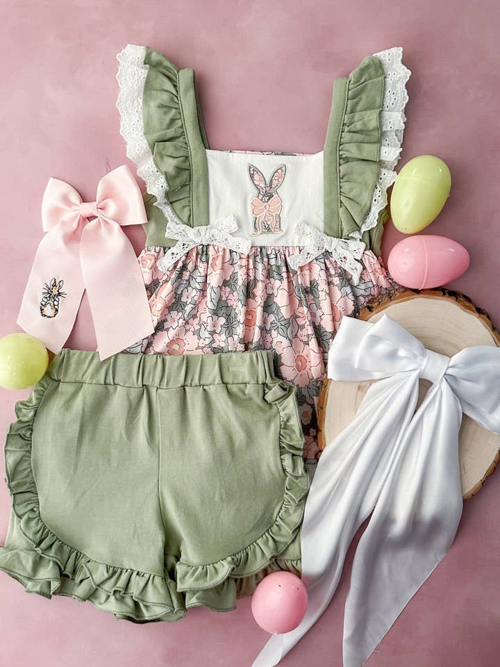 Peek-A-Boo Bunny Ruffled Olive Shorts Set for wholesale by The Hair Bow Company