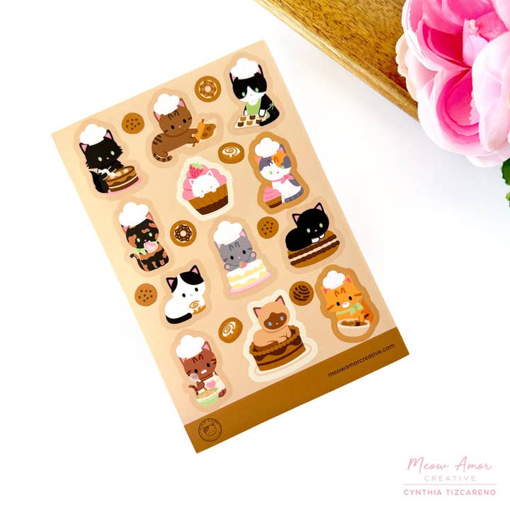 Bakery Cats Vinyl Sticker Sheet for wholesale by Meow Amor Creative