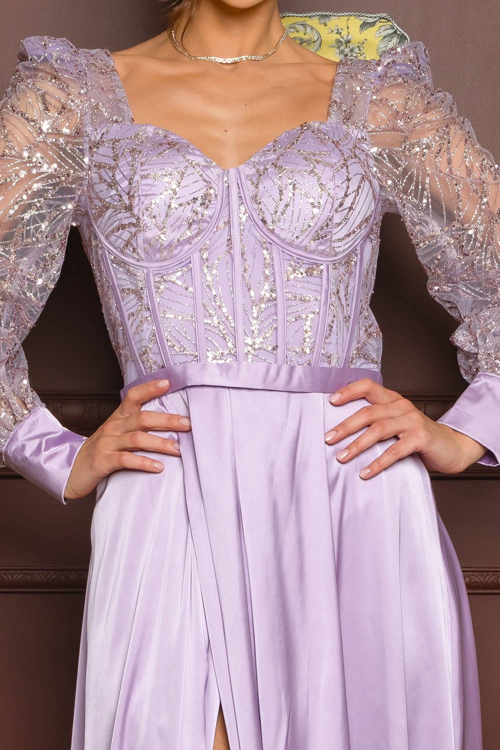 RICARICA INC. - Wholesale Gown - Women's - 2431-SOLID COLOR SATIN AND SEQUIN GLITTER MAXI DRESS5