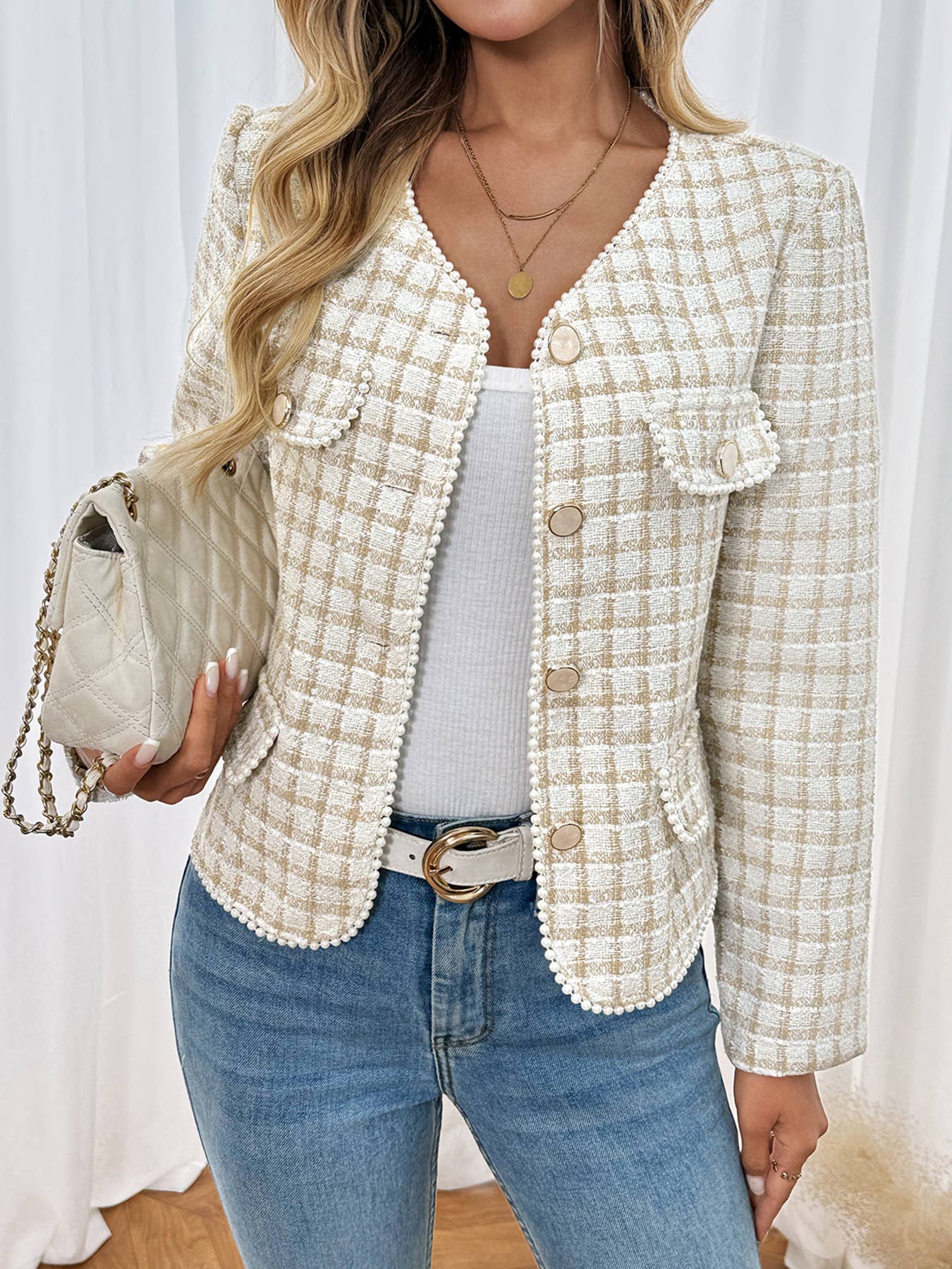 Beige Plaid Tweed Button-Up Jacket with Pearl Trim for wholesale on Faire5
