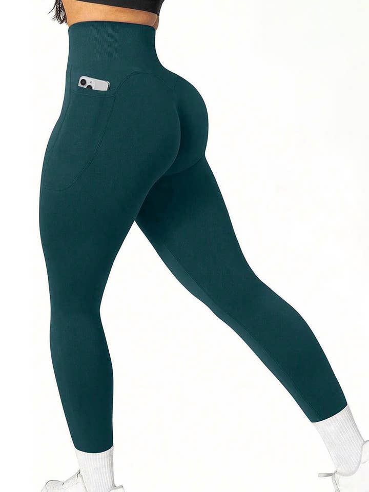 Color 5 - Vendita all'ingrosso Leggings sportivi/loungewear - Donna - Leggings da yoga con compressione senza cuciture, scrunch butt e tasca.1