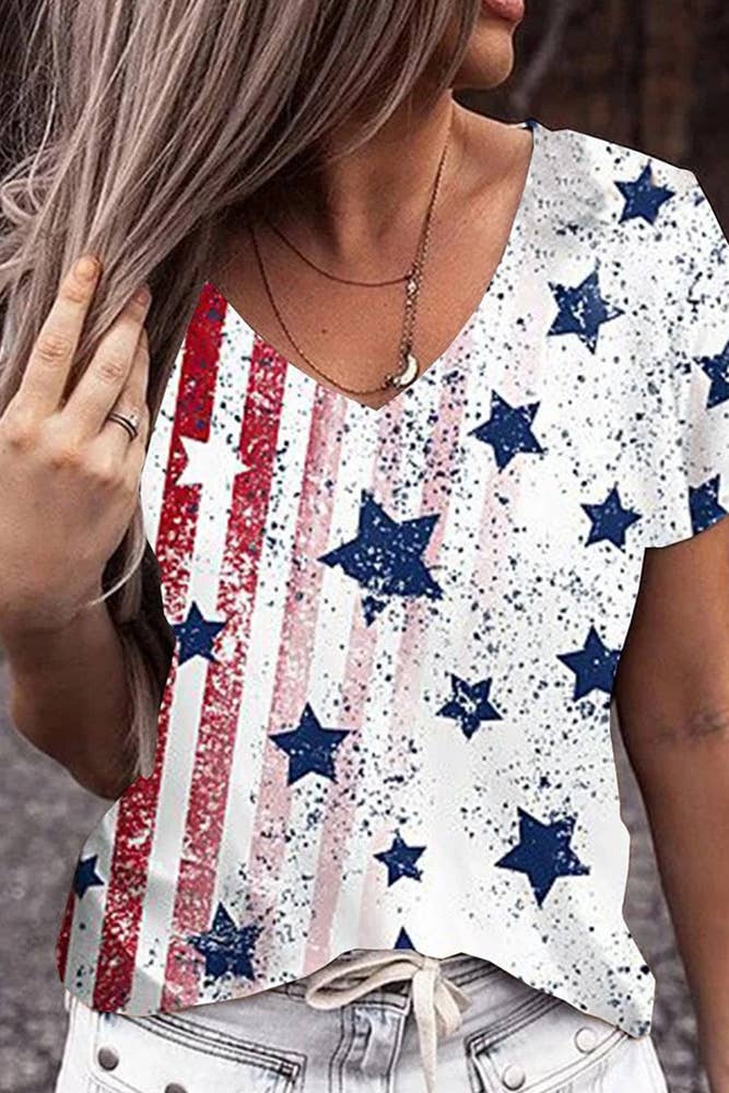 UNISHE - Venta al por mayor Camiseta - Mujer - Top con cuello en V con bandera de EE. UU., Día de la Independencia del 4 de julio ZZKF11093