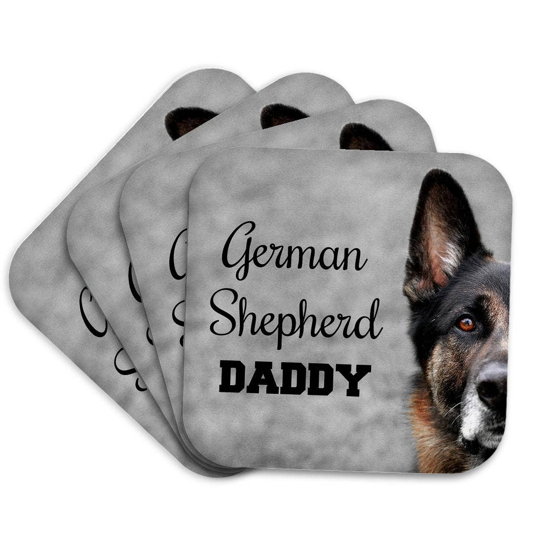 3dRose – Base de copos por atacado – 3dRose, Foto de um Pastor Alemão com "German Shepherd Daddy" em preto., Base para copos7