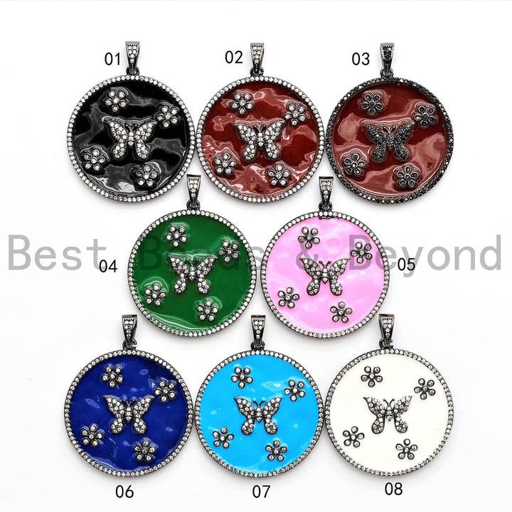 Colgante redondo de 35 mm de tamaño grande, esmaltado, redondo con flores y mariposas para venta al por mayor de BestBeads&Beyond