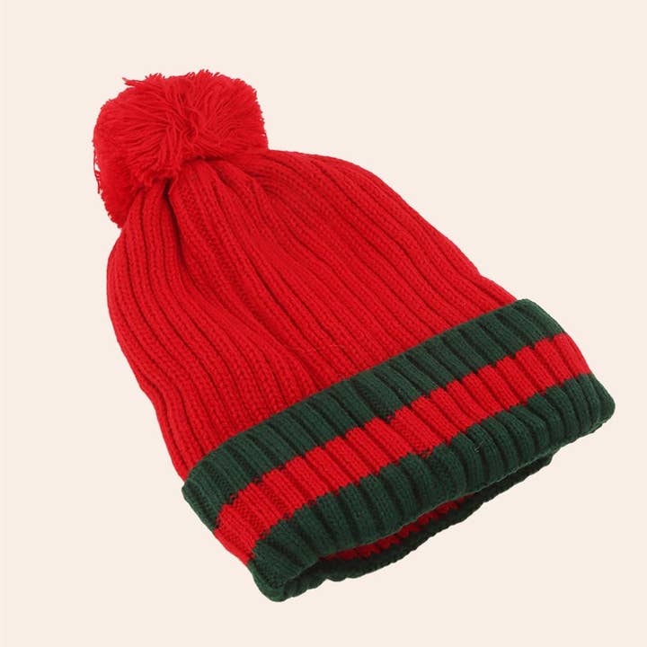 anbfashion - Wholesale Beanie - Women's - RIBBED KNIT POM POM BEANIE WITH DESIGNER-INSPIRED STRIPE4
