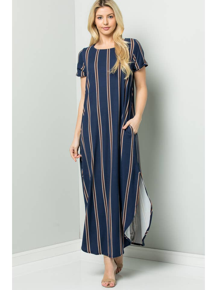NAVY D02308 Striped Round Neck Maxi Dress with Side Pockets for wholesale on Faire1