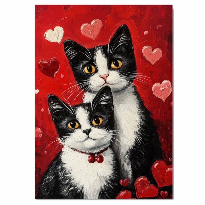 Gatti Tuxedo con Cuori Arte Romantica in Bianco e Nero su Tela per la vendita all'ingrosso da parte di Art Paradise Studios