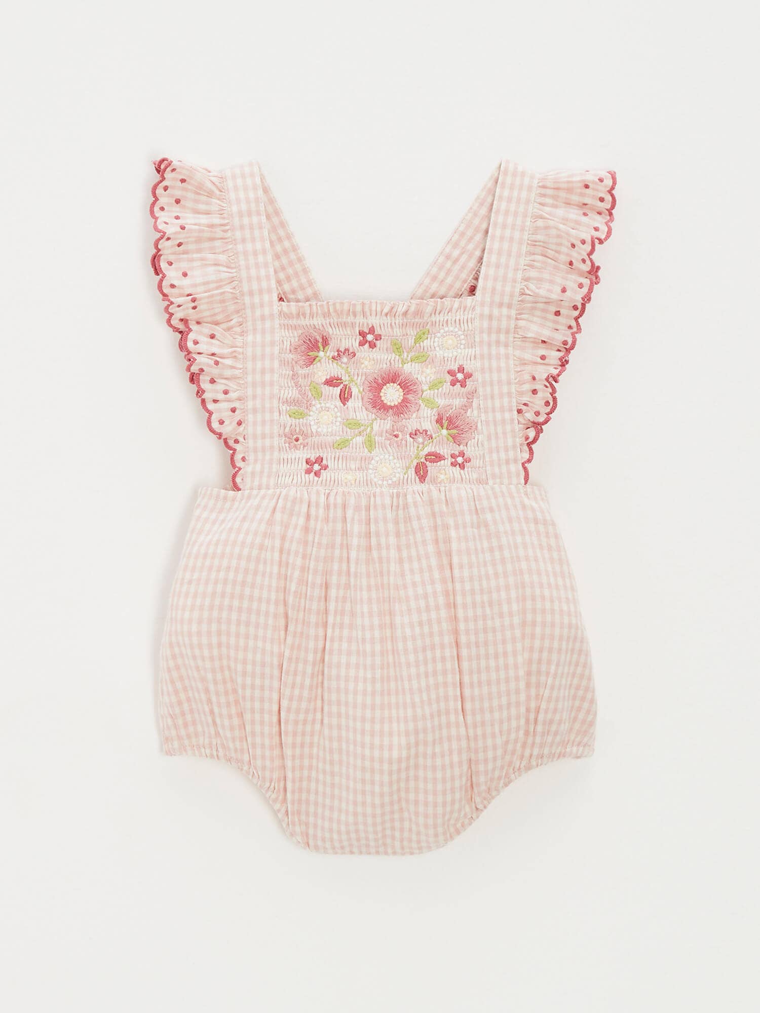 Craie JAZZ 24 Gingham Check Romper with Floral Embroidery for wholesale on Faire0