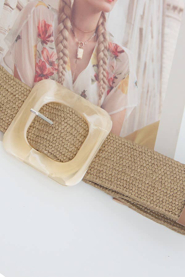 KHAKI 49513BXH- Woven Straw Resin Buckle Belt for wholesale on Faire2