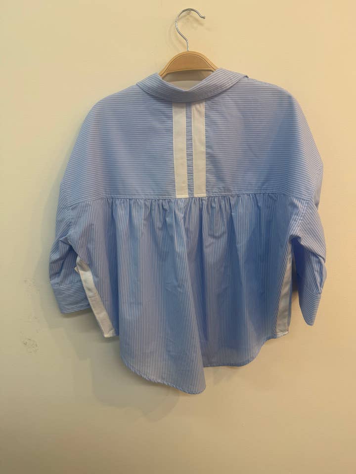 STRIPE BUTTON DOWN SPORTY DETAILS IN THE BACK BLOUSE-SDT6488 for wholesale by Star Drop