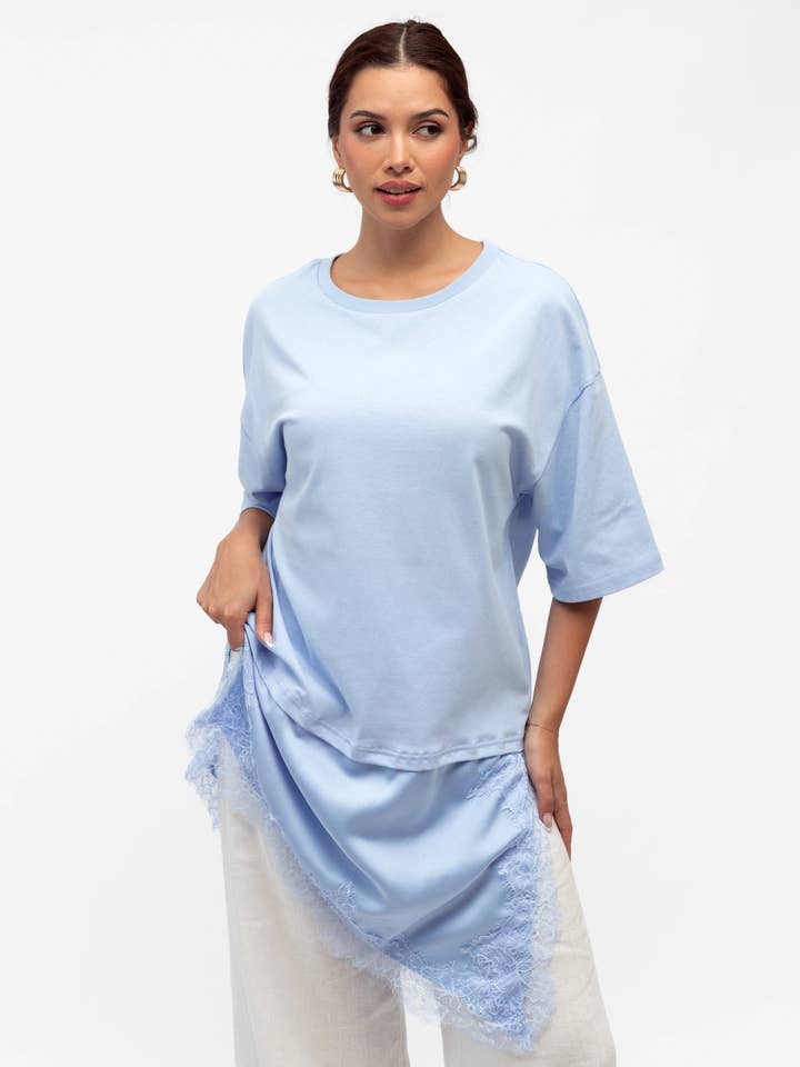 ASYM SATIN AND LACE HEM TEE for wholesale by Global Fashion House