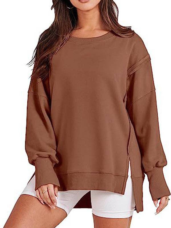 UZ Wholesale Store - Wholesale Sweatshirt - Women's - High-Low Long Sleeves Fringed Solid Color Split-Joint Split-Side Round-Neck Sweatershirt9