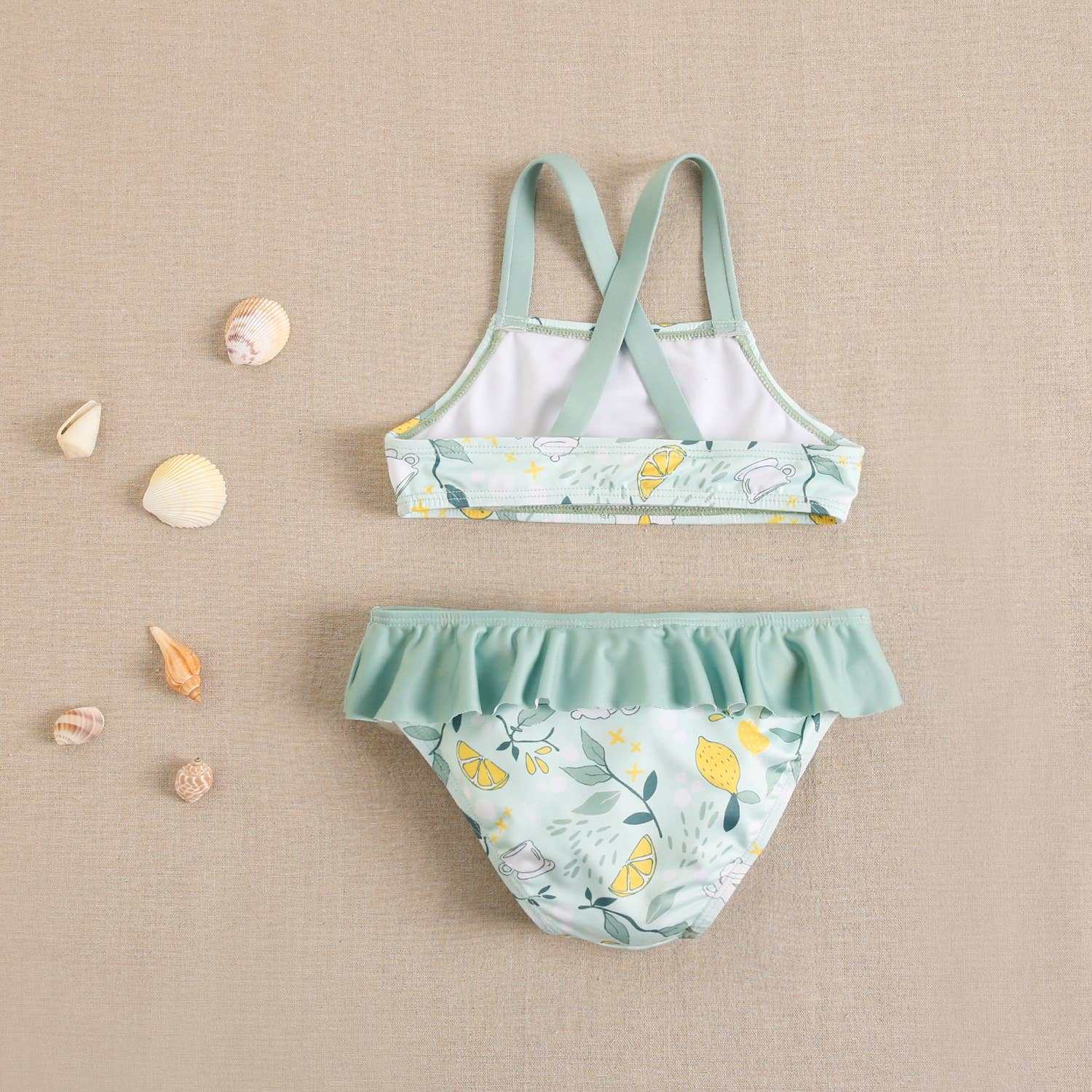 light green Girl's Bikini with Mugs and Lemons Print and Ruffle for wholesale on Faire8