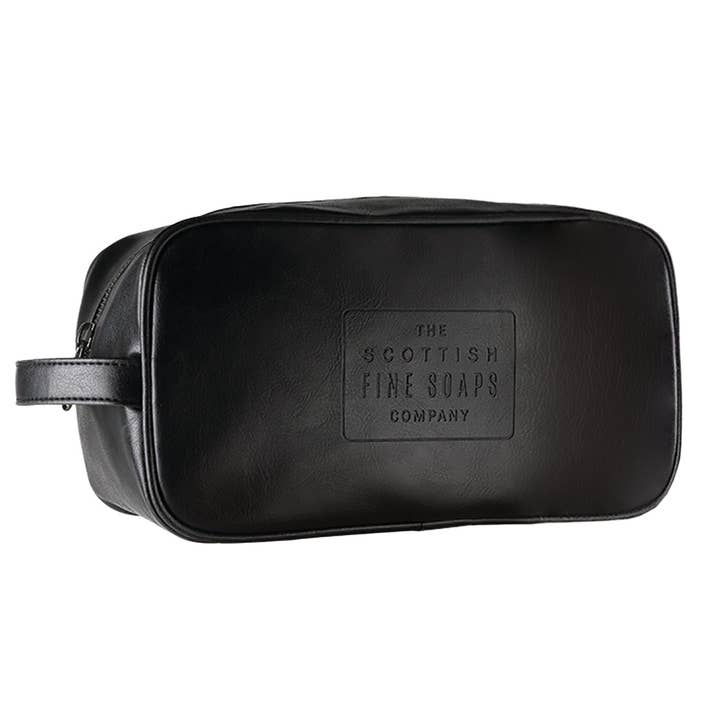 Borsa da viaggio per articoli da toeletta - Ecopelle nera con cerniera e manico per la vendita all'ingrosso da parte di Scottish Fine Soaps