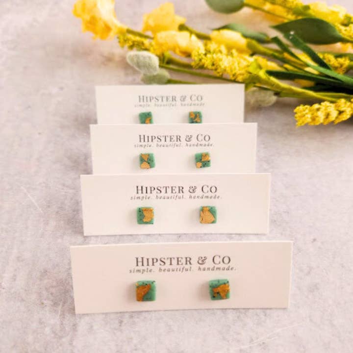 Mint Green Pebble and Gold Square Stud Earrings for wholesale by Hipster & Co