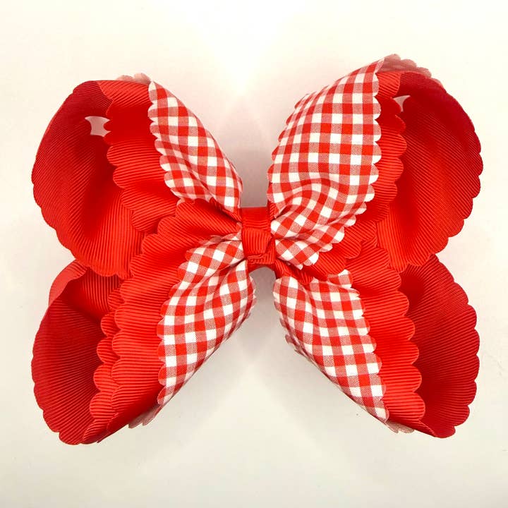 Red Gingham Scallop Bow for wholesale by Luminous Sky Bowtique