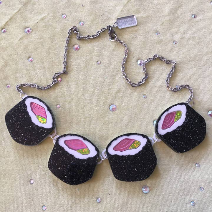 I'm Your Present - Wholesale Pendant/Charm Necklace - Glitter Sushi Roll Connector Necklace, Laser Cut Acrylic, Plastic Jewelry