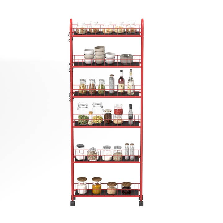 Orange County Decor - Wholesale Free Standing Shelf - Red 6 Tier Rolling Cart Gap Kitchen Slim Slide Out Storage Tower Rack With Wheels,6 Baskets,Kitchen,Bathroom Laundry Narrow Piaces Utility Cart Red Kitchen American Design,American Traditional Metal