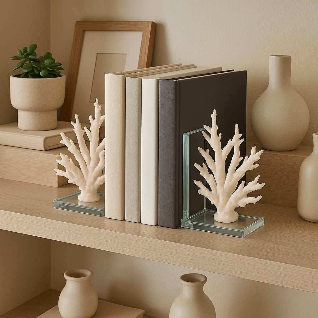 Sagebrook Home - Wholesale Bookend - Bookends Set of 2 - White Resin Coral on Glass, 7 in.1