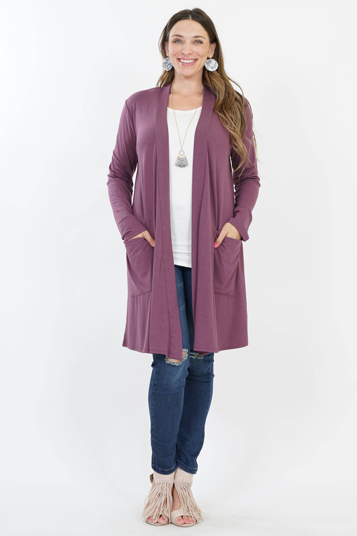 42POPS - Wholesale Cardigan - Women's - ..SI-7552 Plus Knee Length Slouchy Pocket Open Cardigan1