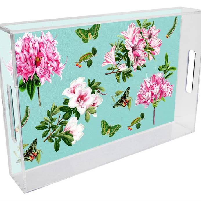 Marye-Kelley - Wholesale Decorative Tray - T7883-Azaleas on Blue Lucite Tray
