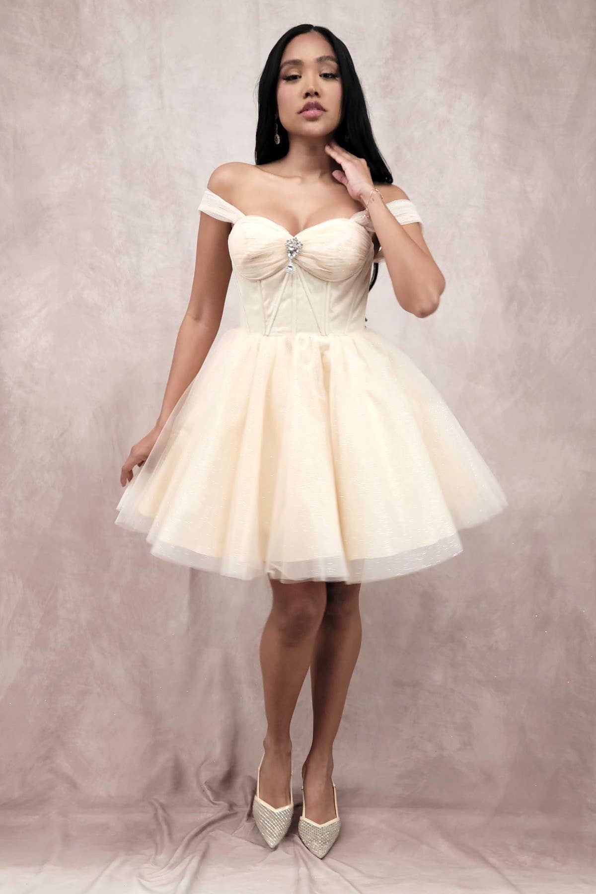 Chicas - Wholesale Dress - Women's - Short Off The Shoulder Tulle Dress With Brooch4