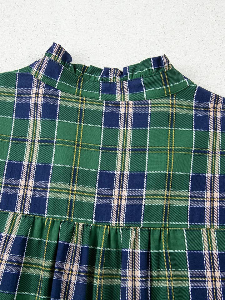 Green Casual Plaid Frill-Neck Long-Sleeve Mini Dress for wholesale on Faire7