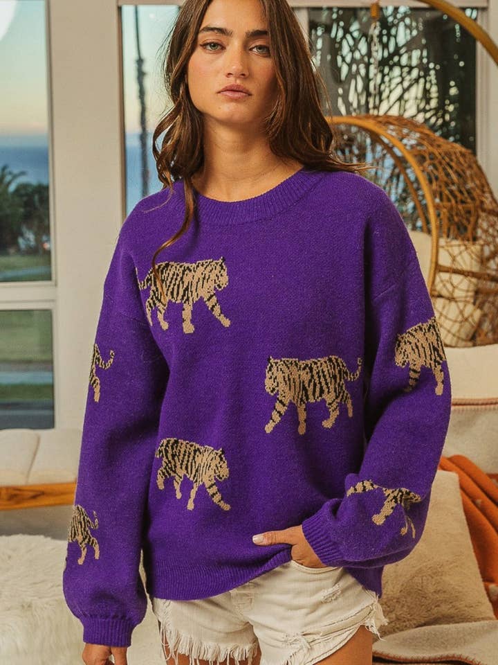 VIOLET BiBi Tiger Pattern Long Sleeve Sweater for wholesale on Faire